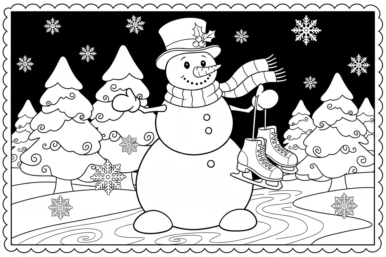 눈사람, 눈송이, 소나무, 스케이트가 있는 겨울 풍경 색칠공부 도안, 축제 분위기.