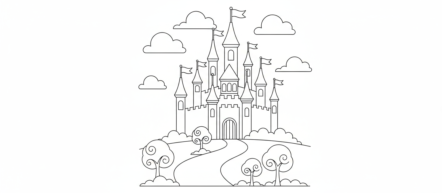 탑과 깃발, 구불구불한 길을 가진 정교한 동화 속 성의 색칠공부 도안. 나무와 구름에 둘러싸여 있습니다.