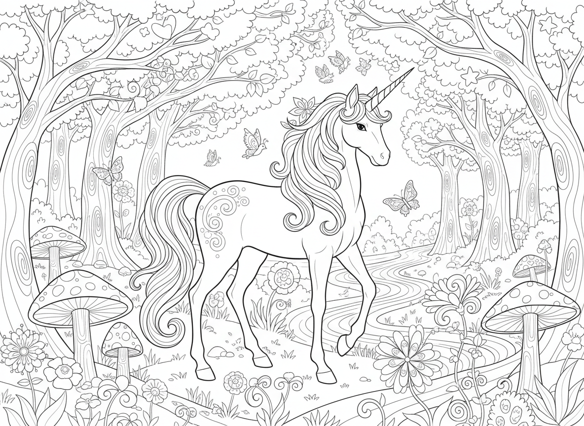 신비로운 숲에 서 있는 마법의 유니콘 색칠공부 도안, 색칠할 준비가 된 검은색 윤곽선입니다.