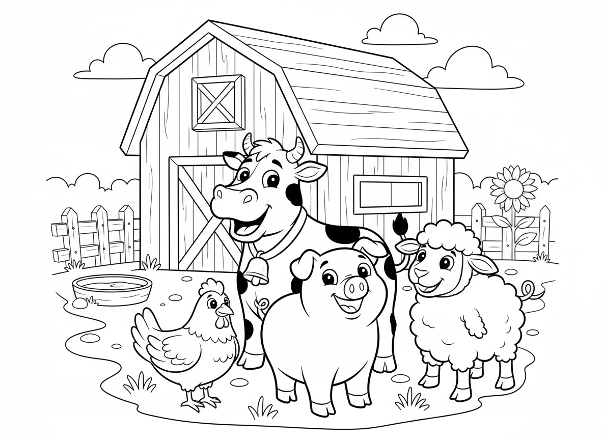 외양간에서 행복한 농장 동물들 (소, 돼지, 닭, 양)의 색칠공부 도안입니다.