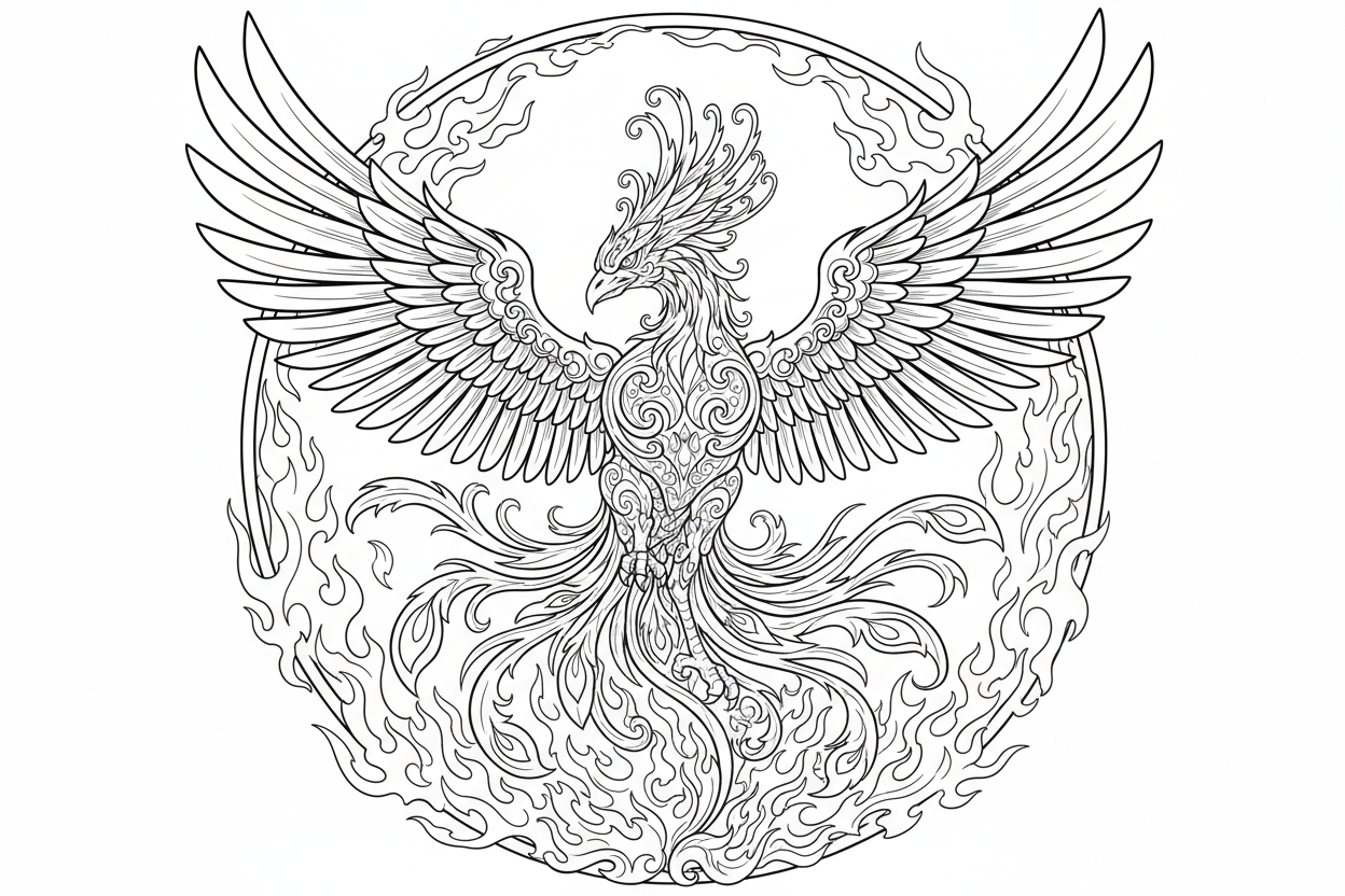 불꽃에서 솟아오르는 장엄한 불사조의 색칠공부 도안입니다.