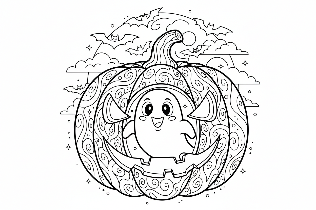 친근한 유령과 함께 있는 할로윈 호박과 배경의 박쥐의 색칠공부 도안, 장난스러운.