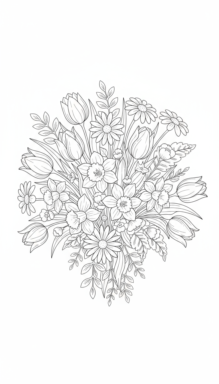 튤립, 수선화, 데이지와 같은 다양한 봄꽃으로 이루어진 아름다운 꽃다발 색칠공부 도안.
