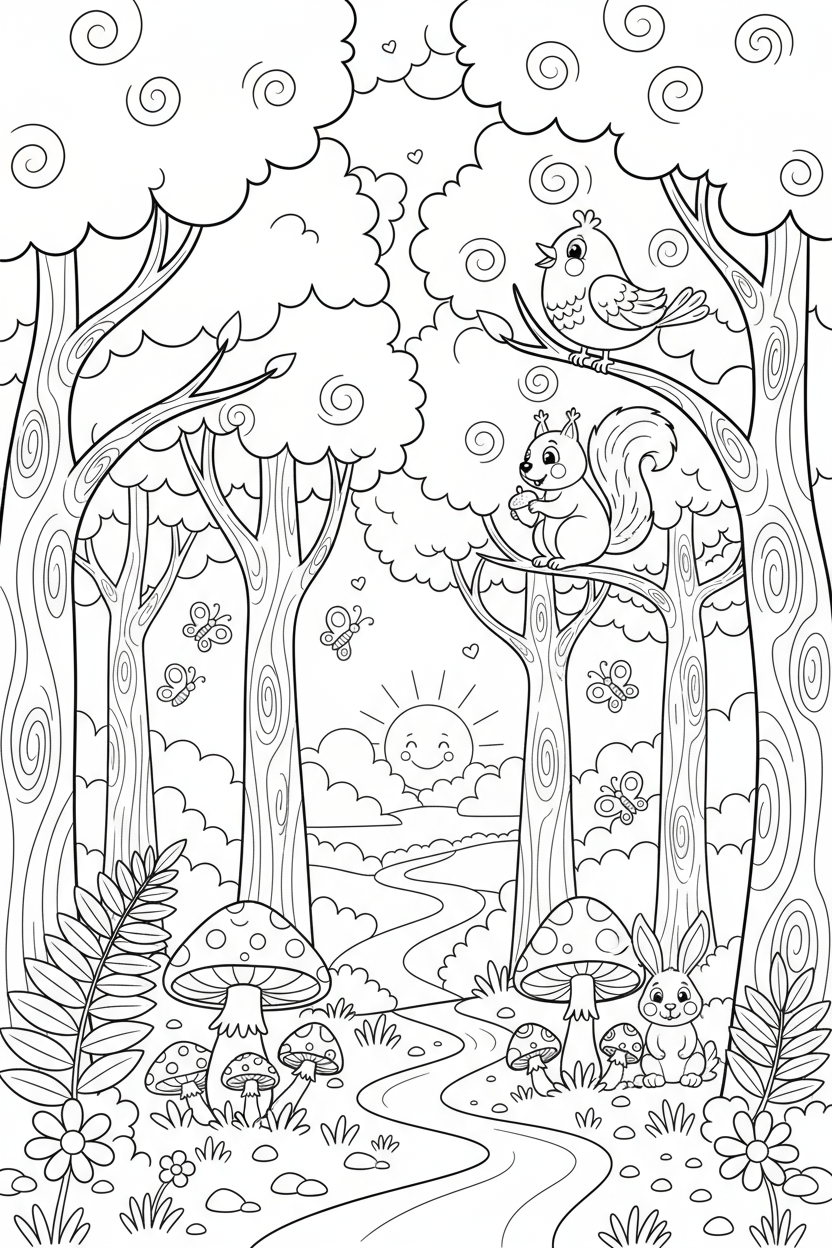 나무, 버섯, 작은 동물들이 있는 숲 풍경 색칠공부 도안, 굵은 선, 만화 스타일.