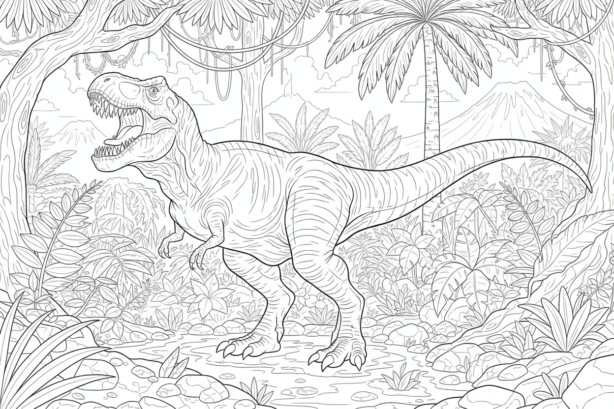 울창한 선사 시대 정글을 배경으로 포효하는 티라노사우루스 공룡의 색칠공부 도안.