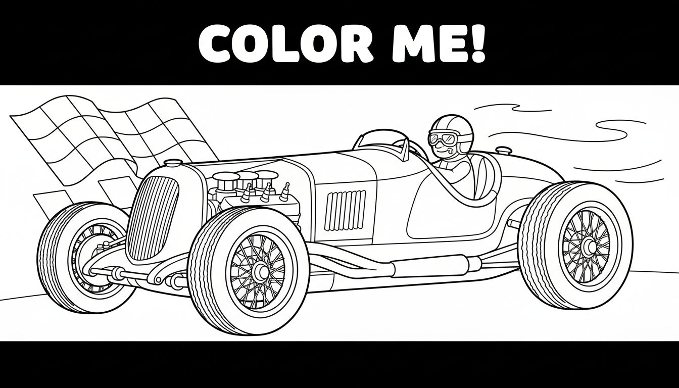 세부적인 빈티지 레이싱 자동차의 색칠공부 도안, 아이들을 위한 검은색 선화입니다.