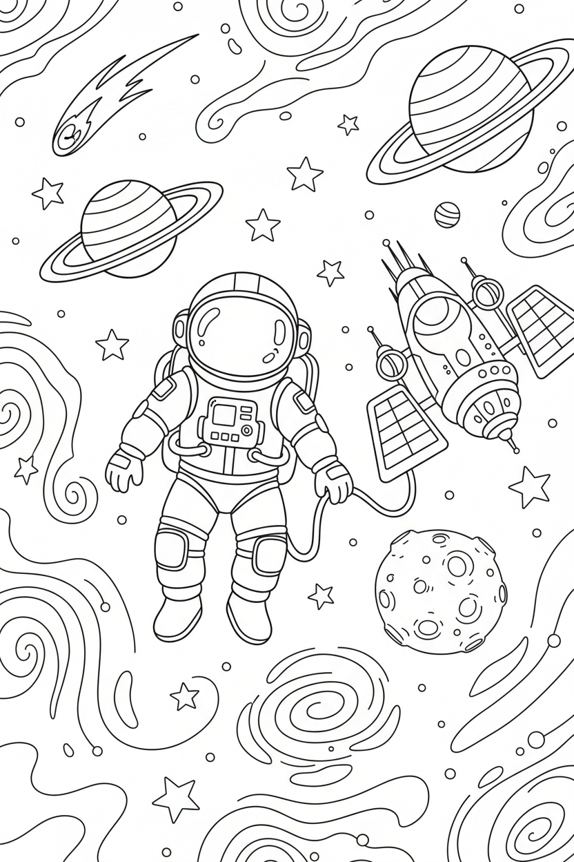 우주선 근처를 떠다니는 우주비행사, 행성과 별이 있는 우주 모험 색칠공부 도안입니다.
