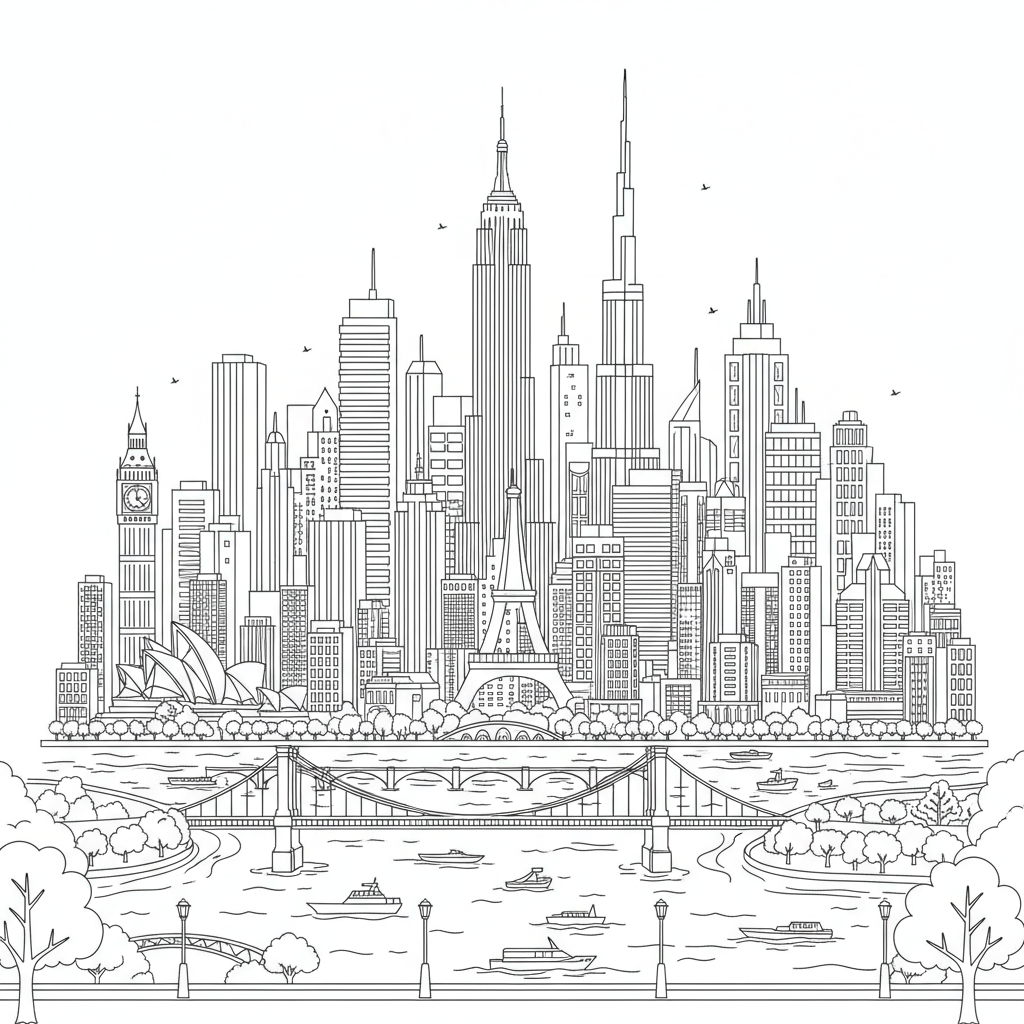 유명한 건물, 다리, 강이 있는 상세한 도시 스카이라인 색칠공부 도안.