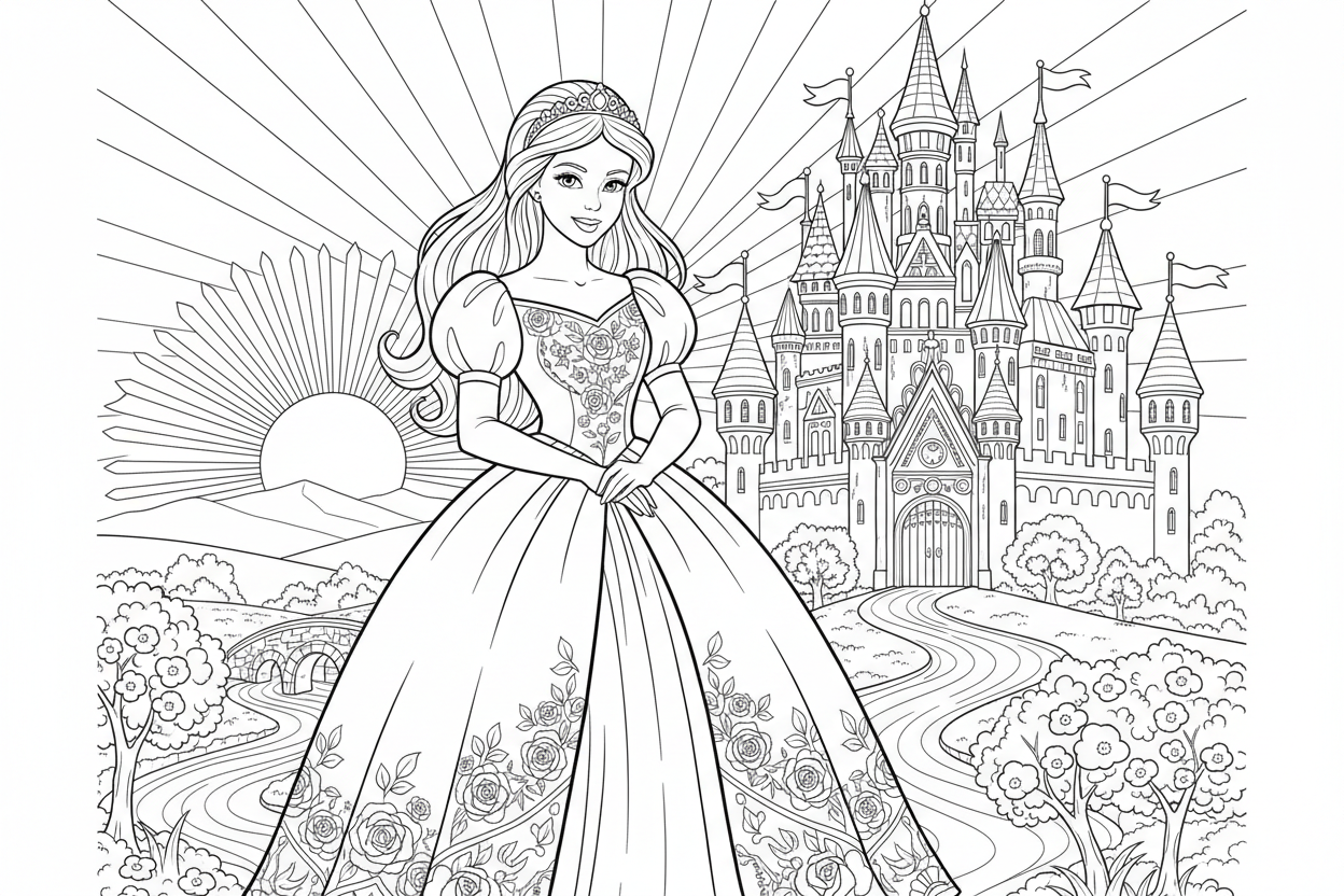 웅장하고 섬세한 성 앞에 서 있는 공주의 색칠공부 도안, 이야기책 스타일.