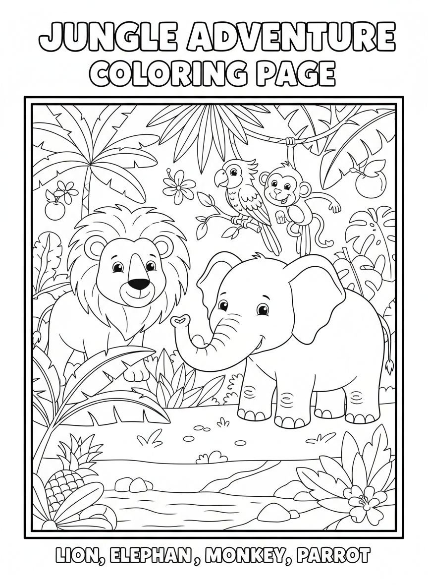 사자, 코끼리, 원숭이, 앵무새가 열대 식물 속에 있는 정글 동물 색칠공부 도안, 아이들을 위한 것입니다.