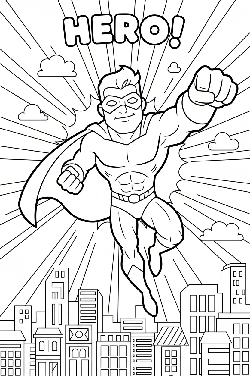 하늘을 나는 슈퍼히어로 캐릭터의 색칠공부 도안, 굵은 선화, 도시 배경.