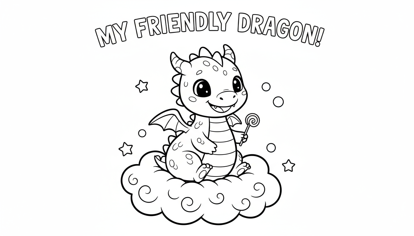 큰 눈과 작은 날개를 가진 친근하고 장난기 넘치는 만화 스타일 드래곤이 구름 위에 앉아있는 색칠공부 도안.