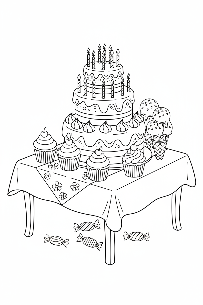 촛불이 꽂힌 층 케이크, 컵케이크, 아이스크림 콘이 테이블에 있는 맛있는 디저트 색칠공부 도안.