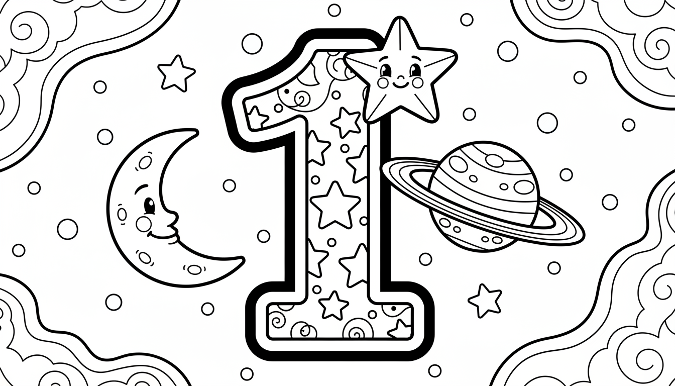 큰 숫자 '1'과 별, 달, 행성이 있는 숫자 색칠공부 도안, 우주 테마.