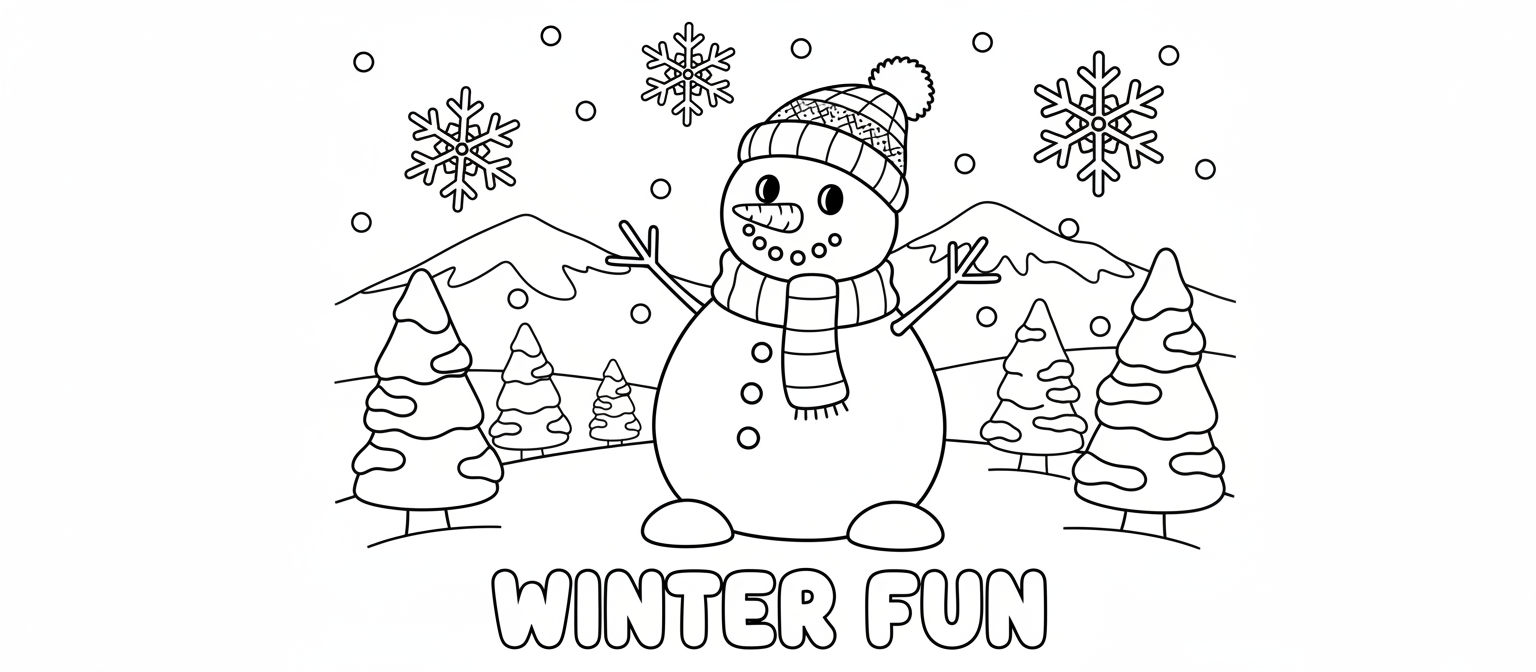 목도리와 모자를 쓴 매력적인 눈사람이 눈 내리는 풍경에 서 있는 귀여운 겨울왕국 색칠공부 도안.