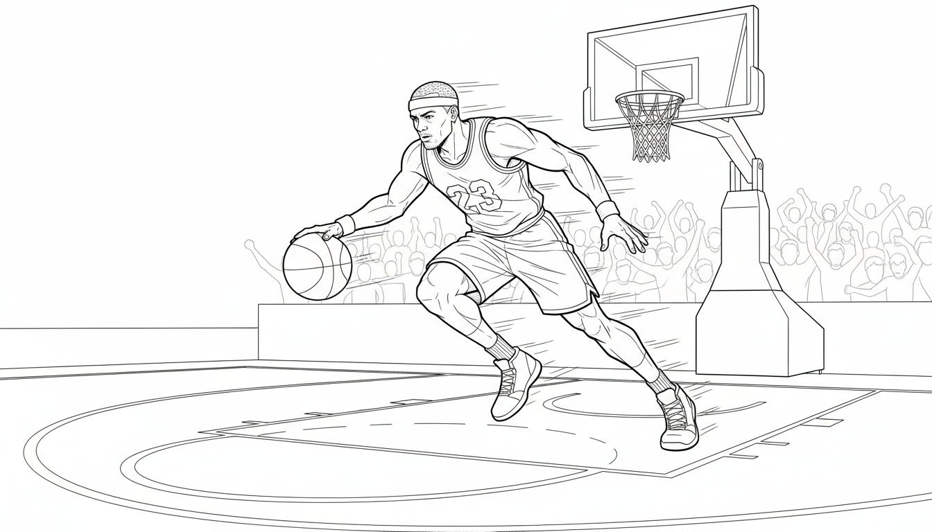 농구공을 드리블하는 농구선수의 역동적인 포즈 색칠공부 도안, 코트와 골대가 배경에 있음.