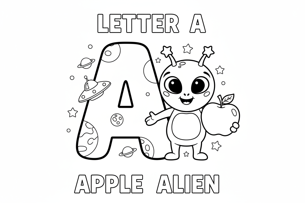 외계인이 사과를 들고 있는 알파벳 'A' 교육용 색칠도안.