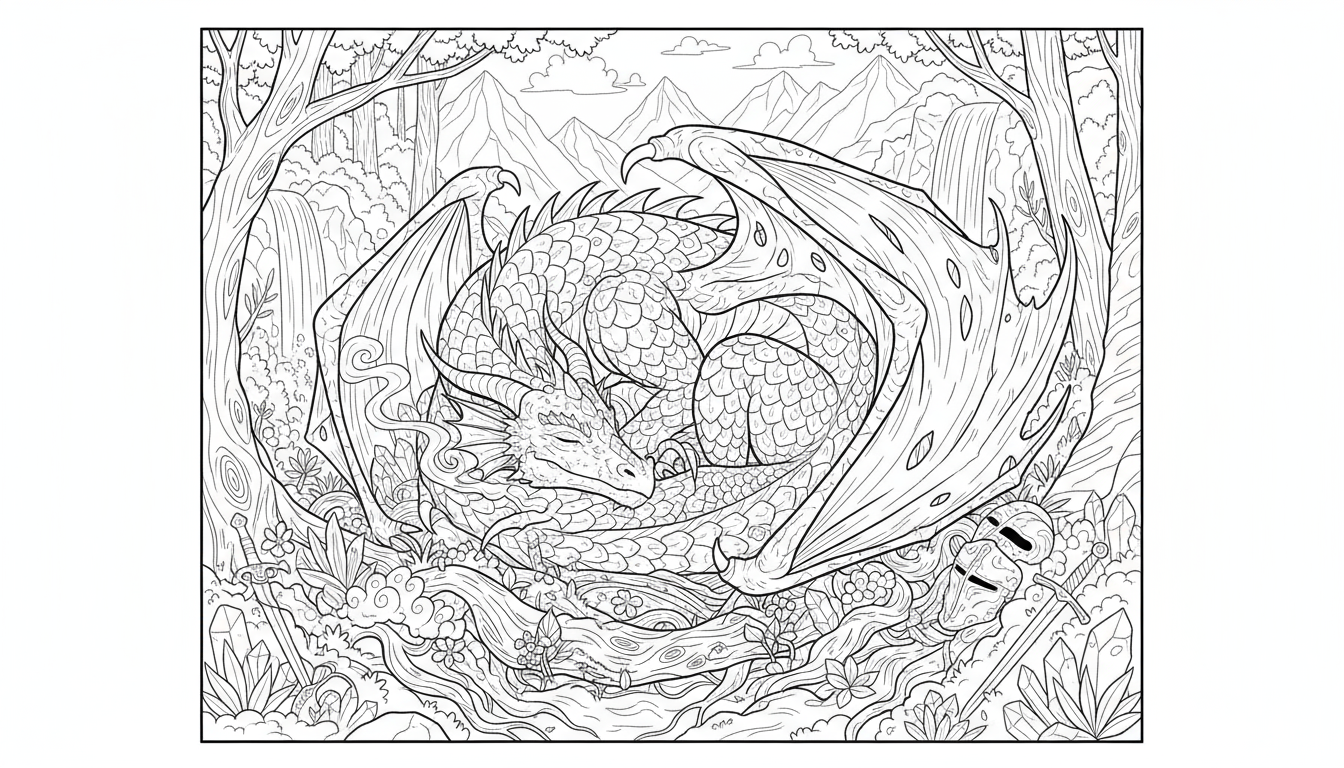 비늘과 날개가 있는 잠자는 환상의 용 색칠도안.