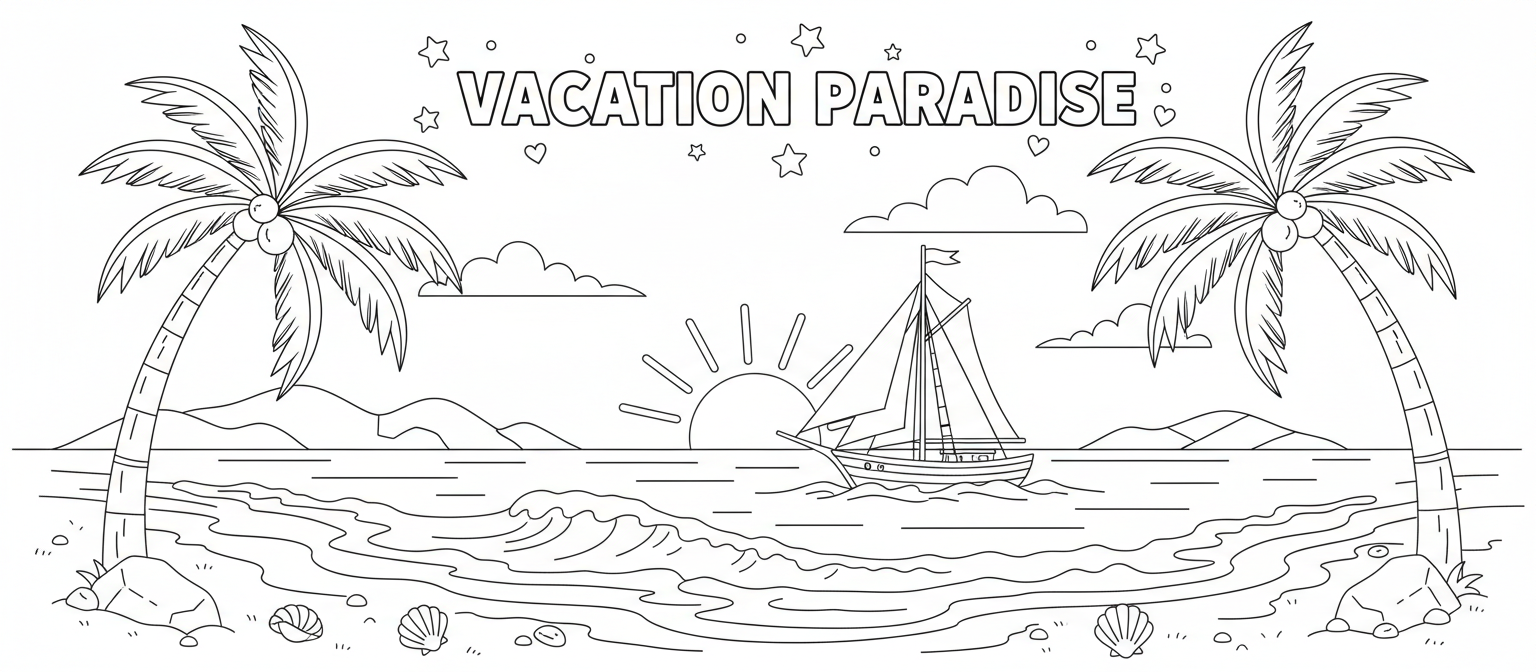 야자수, 파도, 돛단배가 있는 열대 해변의 휴가 테마 색칠도안.