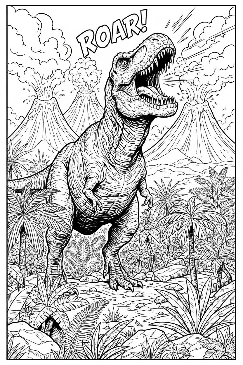 선사 시대 풍경에서 포효하는 공룡의 만화책 스타일 색칠도안.