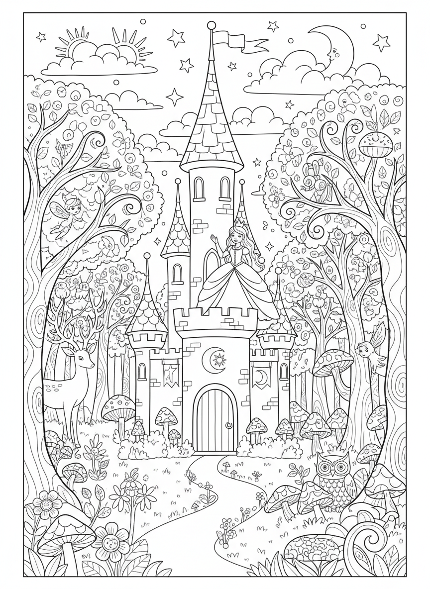 마법의 숲에 둘러싸인 공주와 성을 주제로 한 동화 색칠도안.