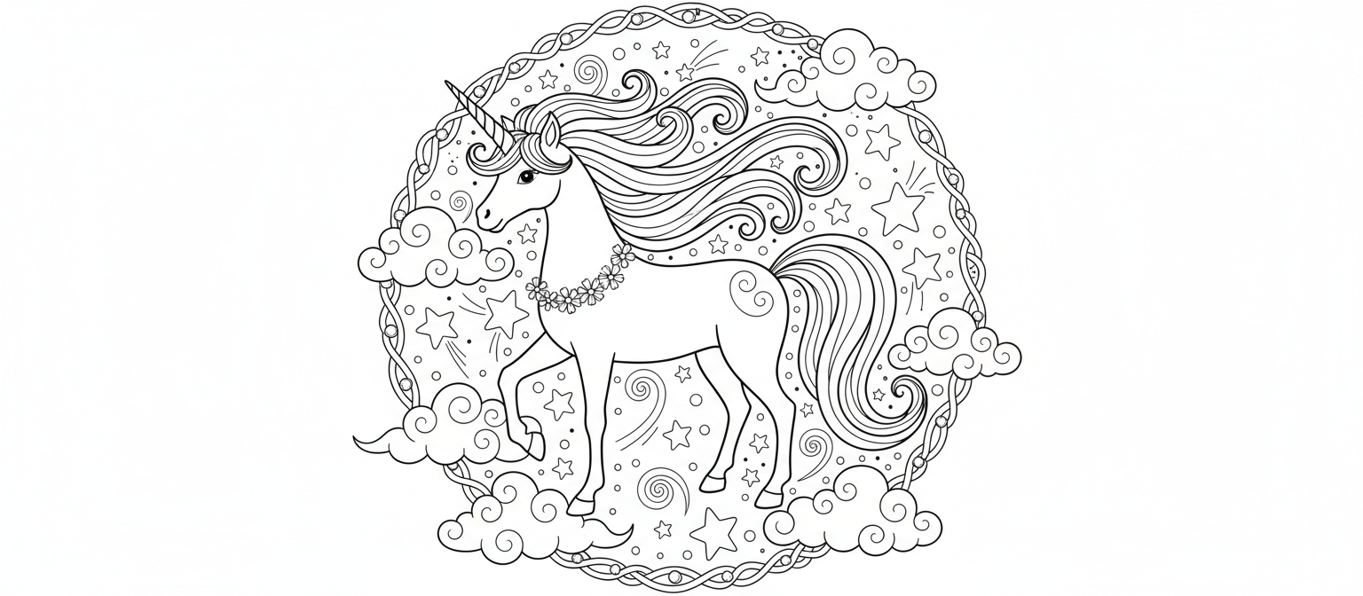 별과 구름에 둘러싸인, 환상적인 갈기 유니콘의 색칠도안.