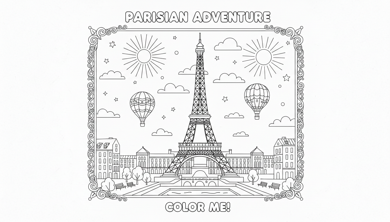 풍경과 함께 에펠탑과 같은 유명 랜드마크의 건축적 색칠도안.