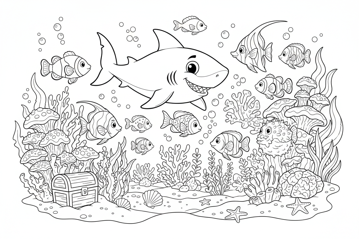 물고기, 산호, 상어가 있는 대담한 선의 바닷속 풍경 색칠도안.
