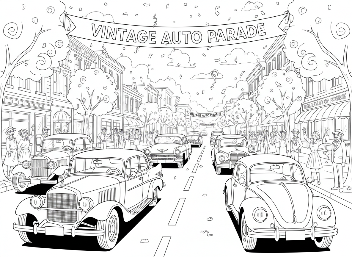 고전 자동차들이 거리를 달리는 복고풍 색칠도안.