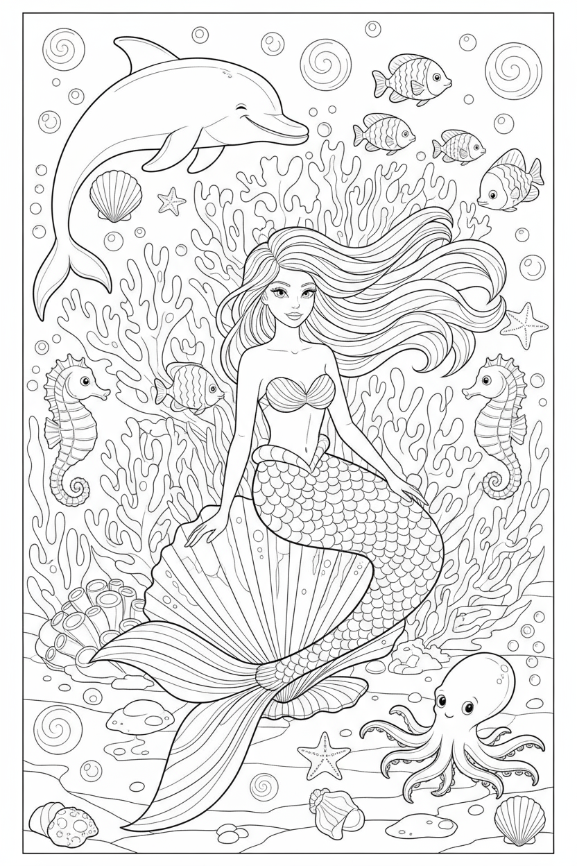 해양 생물과 조개껍데기가 있는 수중 인어의 우아한 색칠도안.