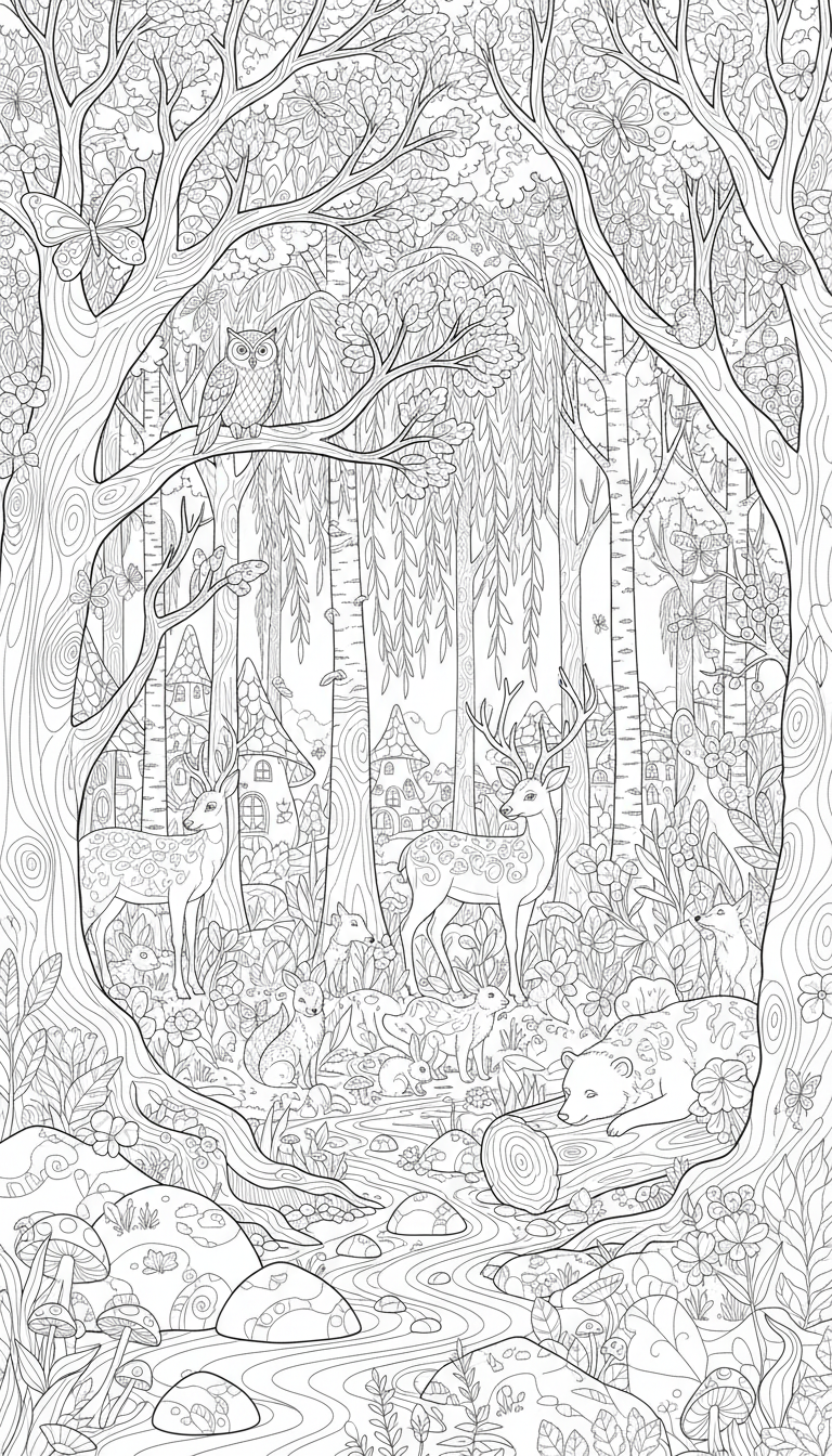 동물들이 숨어있는 섬세한 숲 풍경의 선화 색칠도안.