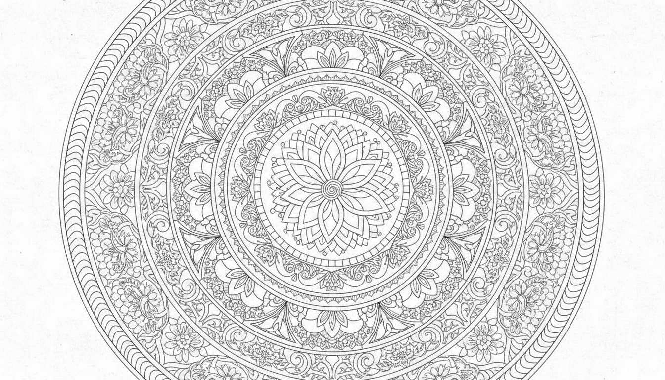 휴식을 위한 복잡하고 대칭적인 원형 만다라 패턴 색칠도안.