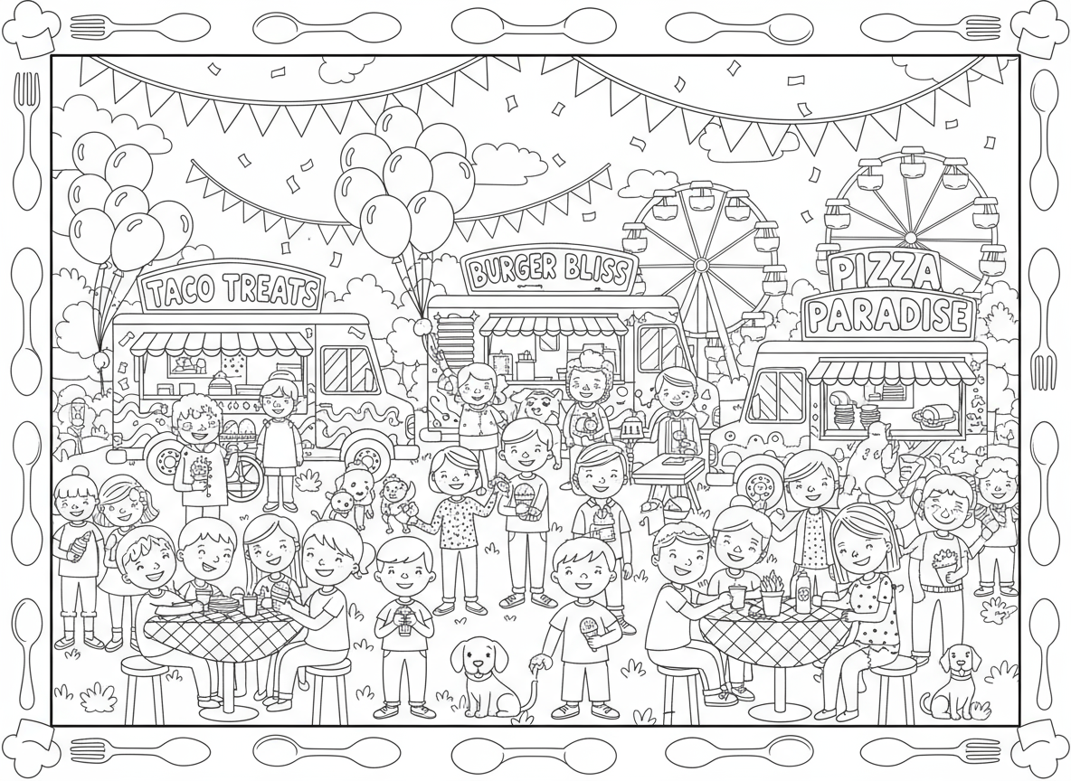 다양한 푸드 트럭과 사람들이 있는 활기찬 푸드 트럭 축제 색칠도안.