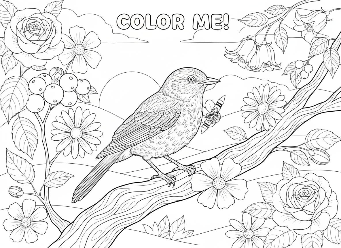 꽃과 열매가 있는 나뭇가지 위의 새를 사실적으로 묘사한 선화 색칠도안.