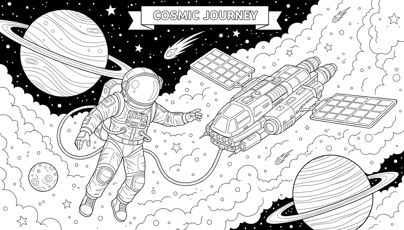 우주선과 행성 옆에 떠 있는 우주비행사의 공상과학 색칠도안.