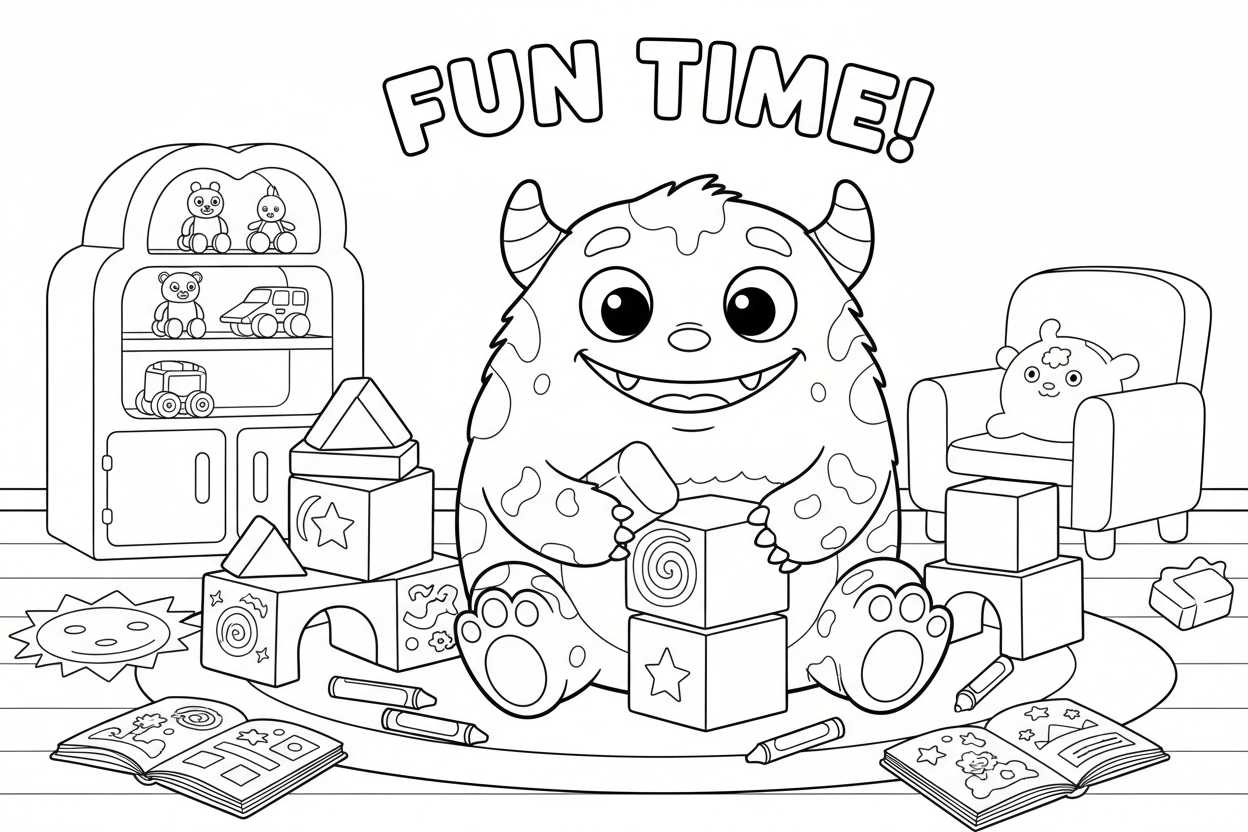 블록을 가지고 노는 친근한 괴물의 단순한 만화 스타일 색칠도안.