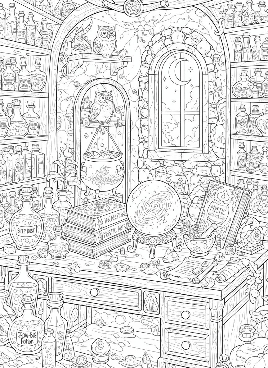 물약과 마법책이 있는 마법사 실험실의 섬세한 색칠도안.