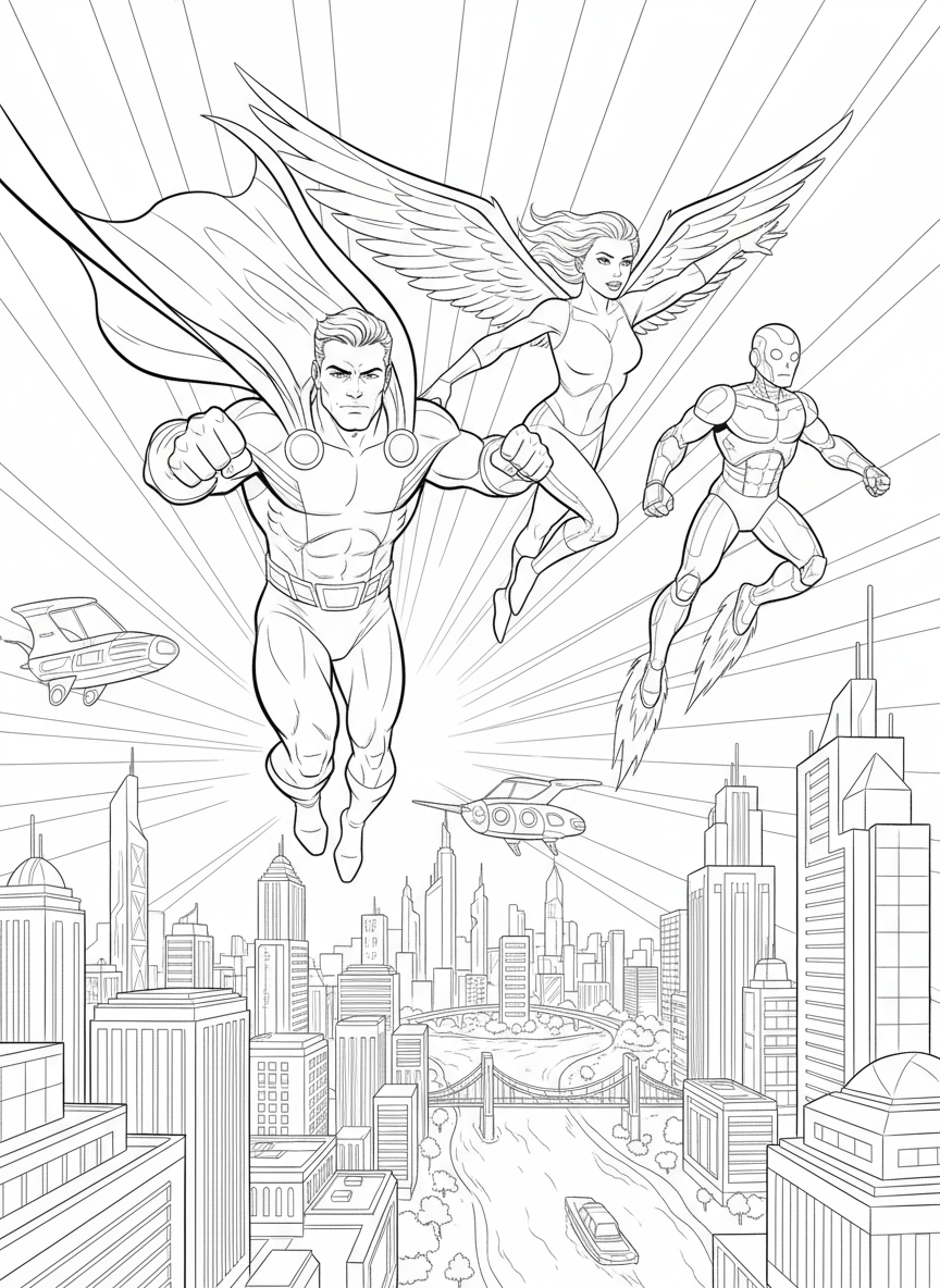 도시 상공을 나는 슈퍼히어로들의 역동적인 액션 색칠도안.