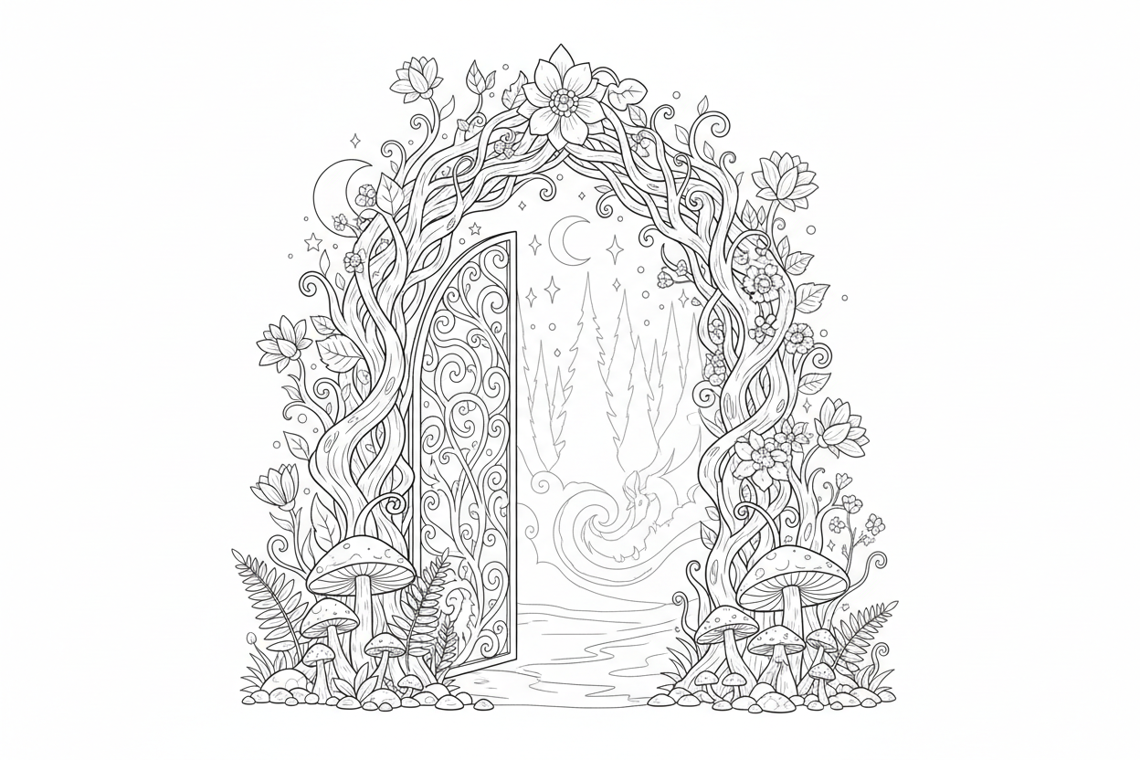 덩굴과 열린 아치형 통로가 있는 마법에 걸린 숲 문 색칠도안.