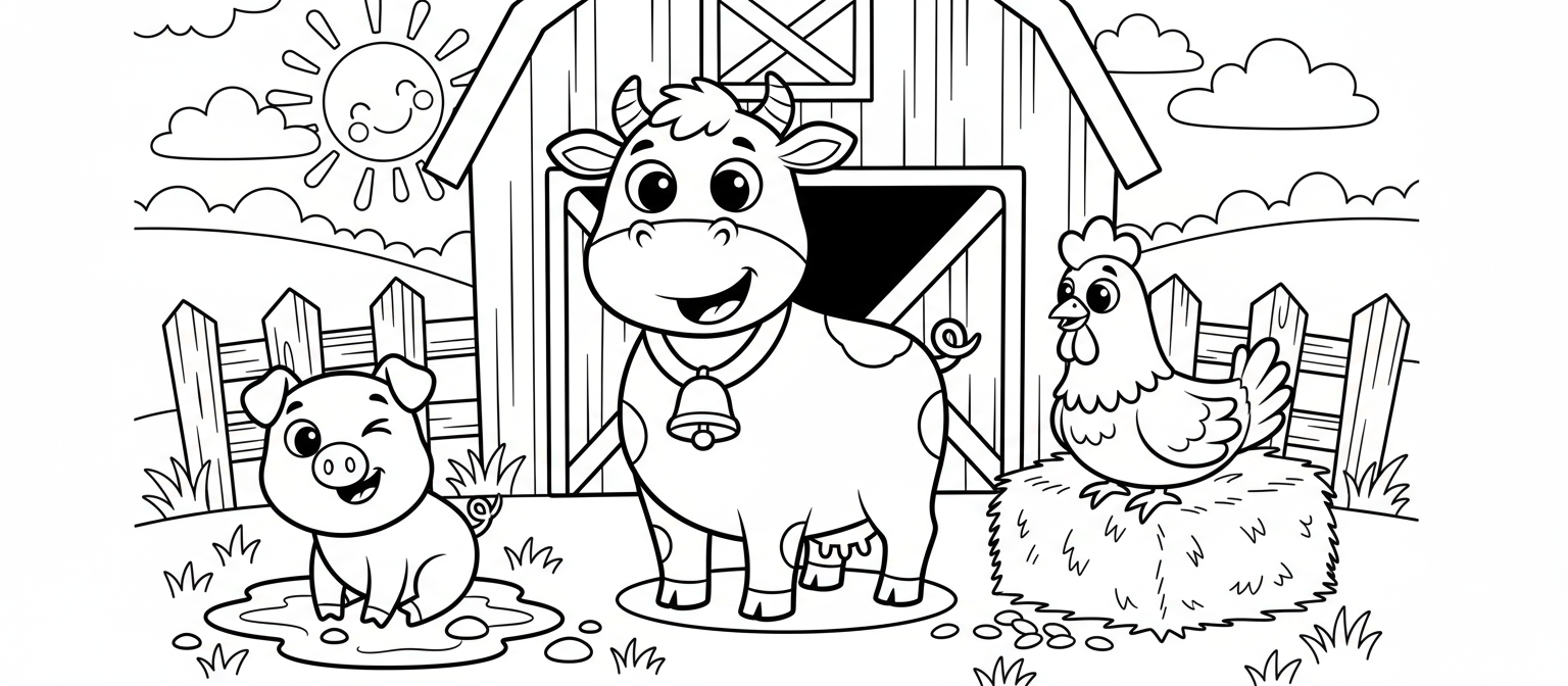 어린이를 위한 귀엽고 단순한 헛간 속 소, 돼지, 닭 농장 동물 색칠도안.
