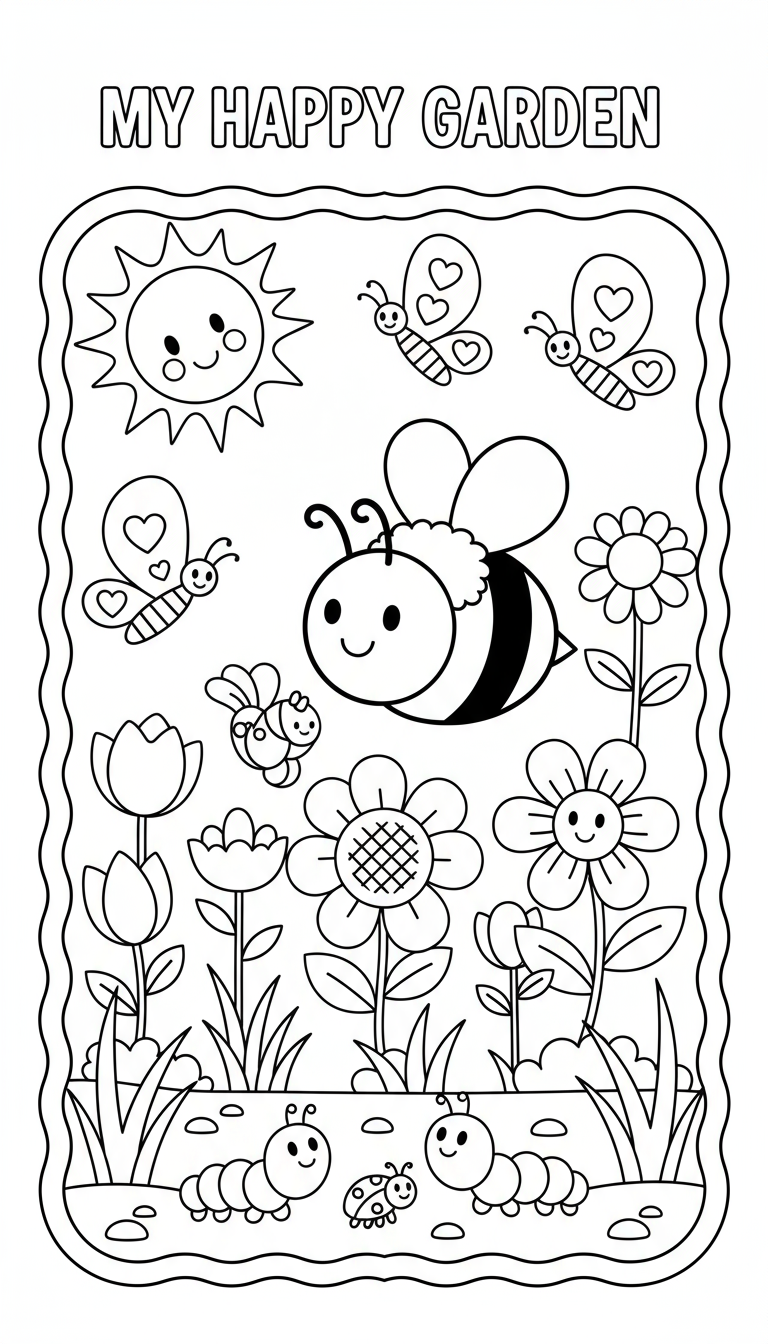나비, 꽃, 벌이 있는 즐거운 정원 풍경의 쉬운 색칠도안.