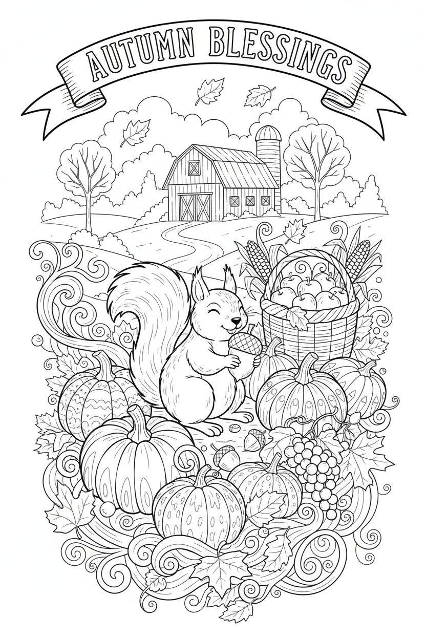 낙엽, 호박, 다람쥐가 있는 가을 수확 테마의 색칠도안.
