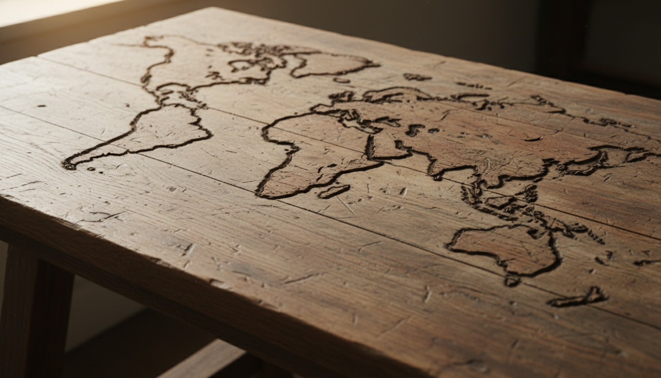 오래된 나무 테이블에 깊은 홈과 닳은 질감으로 새겨진 세계 지도.