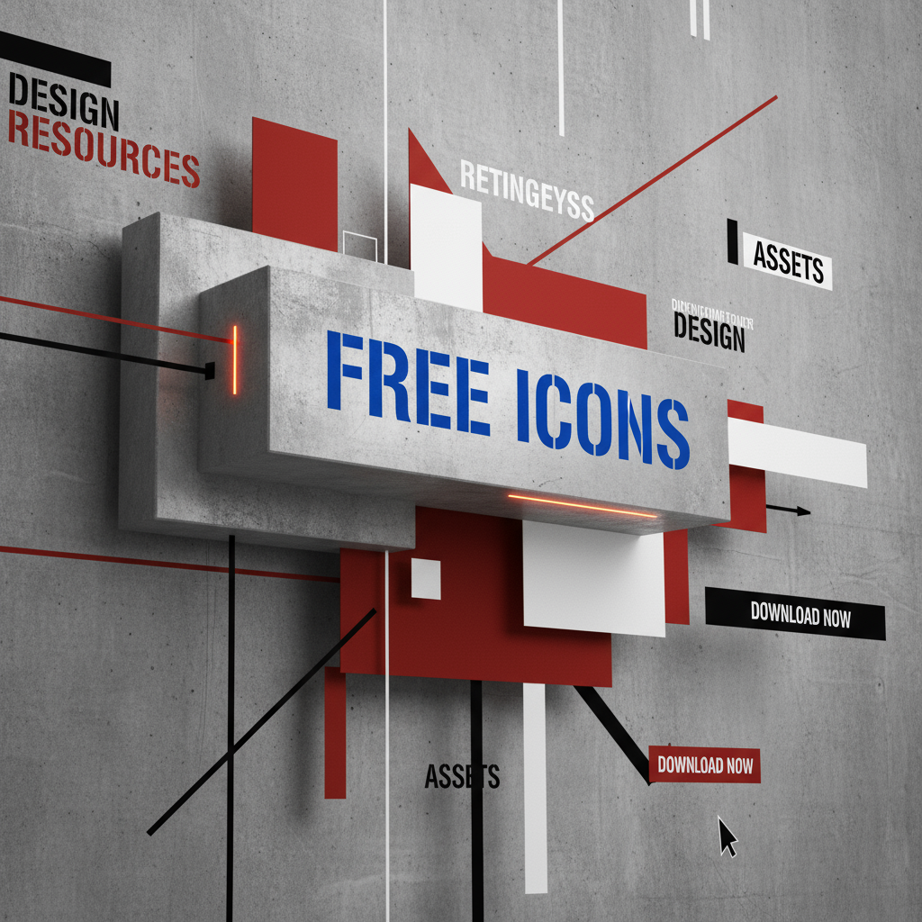 날카롭고 대담한 '무료 아이콘' 버튼이 있는 네오 브루탈리즘 인터페이스입니다.