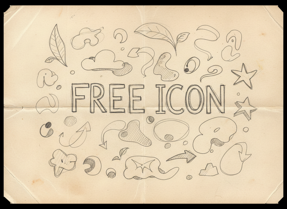노트북 페이지에 '무료 아이콘' 낙서와 유기적인 연필 선으로 그린 손그림 스케치입니다.
