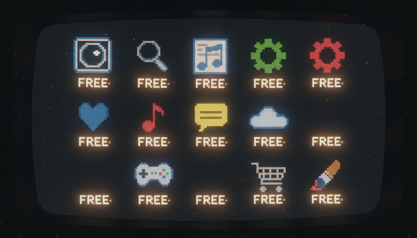 8비트 스타일로 무료 사용 가능성을 암시하는, 레트로 테마의 픽셀 아트 애플리케이션 아이콘 디스플레이.