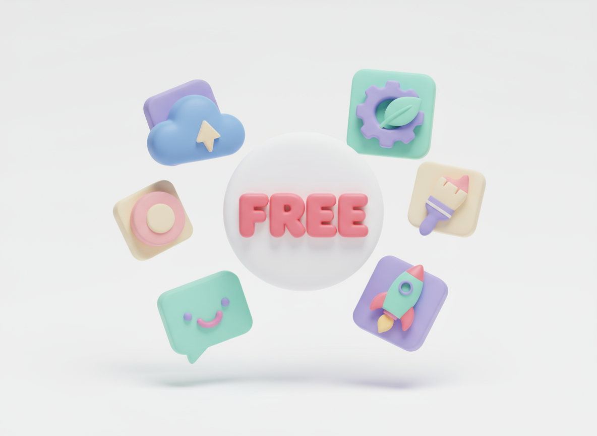'무료' 배지가 있는 현대적인 디자인의 등각 투영 3D 렌더링 소프트웨어 아이콘입니다.