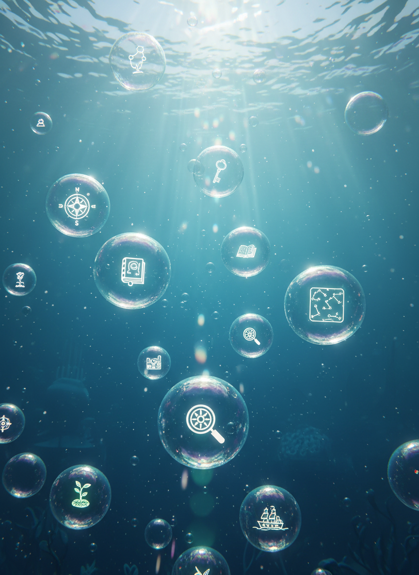 미니어처 아이콘이 들어있는 자유롭게 떠다니는 거품이 있는 수중 장면, 부드러운 푸른색 톤, 꿈결 같음.