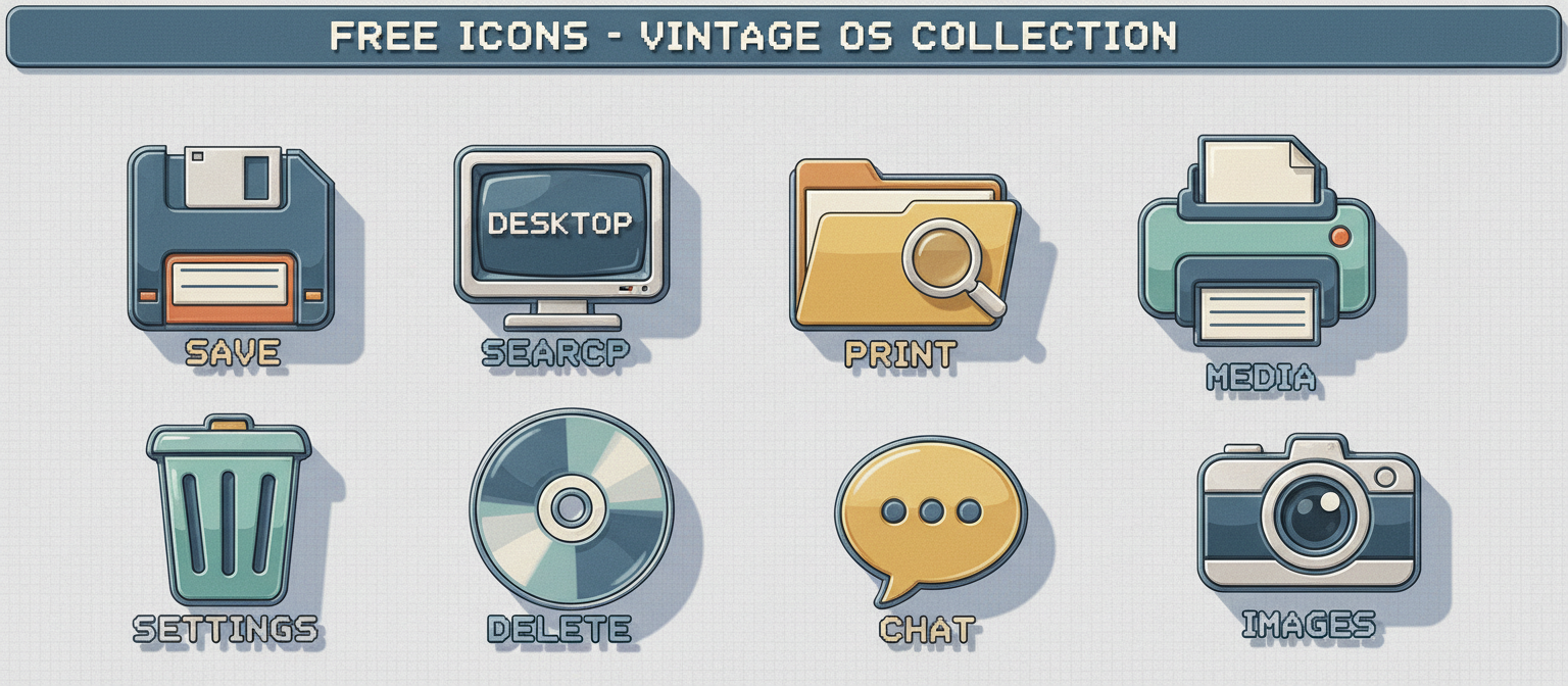 빈티지 운영 체제와 UI 요소를 연상시키는 사실적인 질감과 그림자가 있는 레트로 스큐어모픽 무료 아이콘.