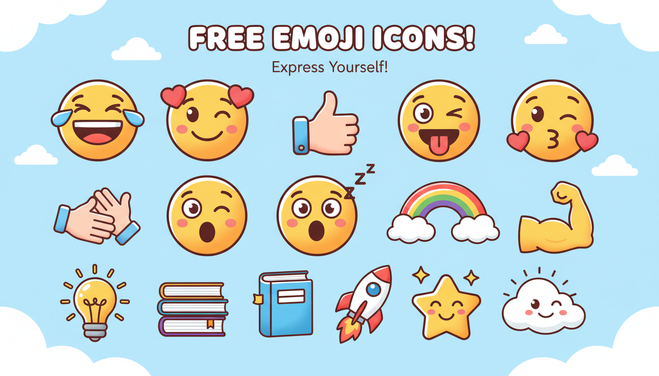 다양한 감정, 행동, 사물을 묘사하며 둥근 형태와 밝은 색상을 가진, 활기차고 표현력이 풍부한 무료 이모지 스타일 아이콘 세트.